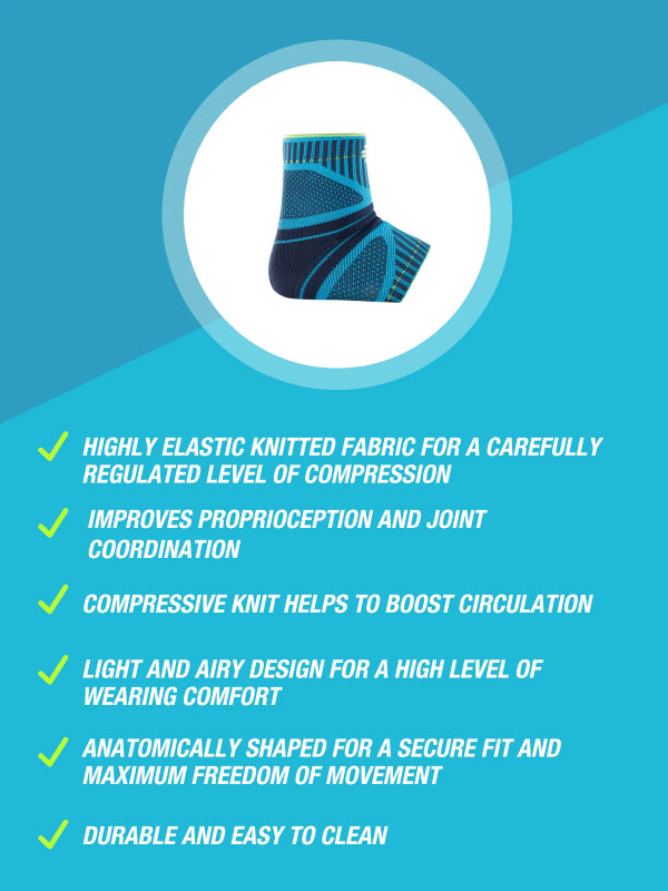 Bauerfeind Sports Ankle support dynamic with features listed on a blue background