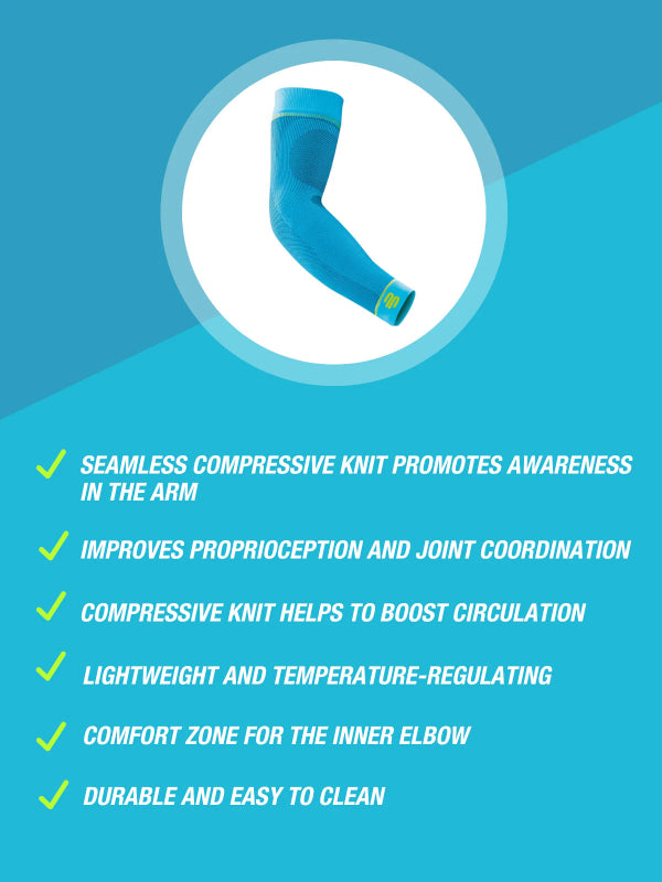 Blue Bauerfeind Sports Compression Arm sleeve with features listed on a blue background