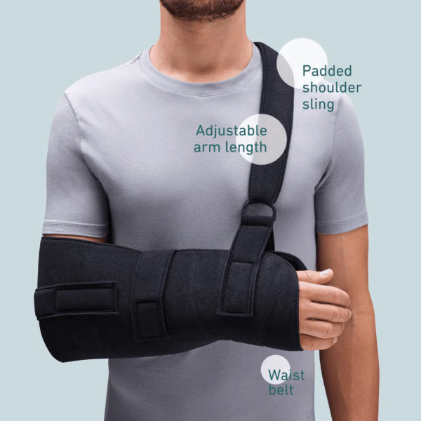 Person wearing a black b:joynz arm sling with labeled features on a light blue background