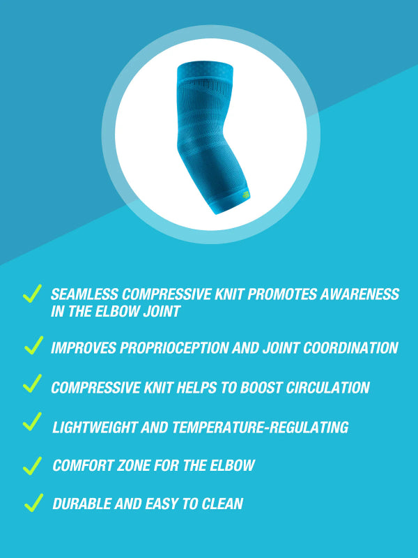 Blue Bauerfeind Sports compression elbow sleeve with features listed on a blue background