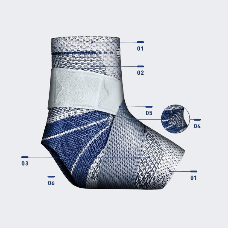 Bauerfeind MalleoTrain S Open heel Ankle support brace with labeled parts on a grey background