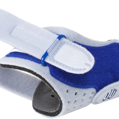 Close-up of a grey and blue Bauerfeind Thumb stabiliser with a brand logo on a grey background