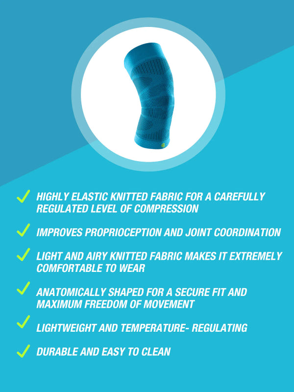 Blue Bauerfeind Sports Knee Compression Sleeve with features listed on a blue background