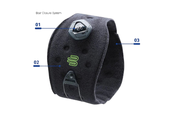 Black Bauerfeind Sports Elbow strap with labeled components on a transparent background