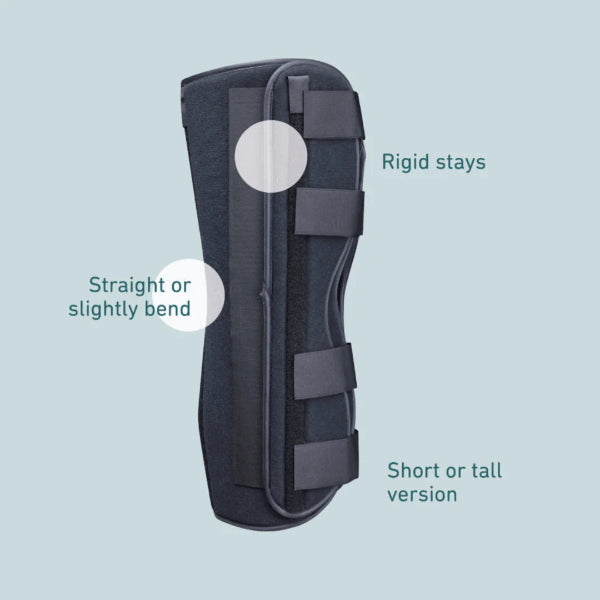 Black b:joynz knee immobiliser with labeled features on a light blue background