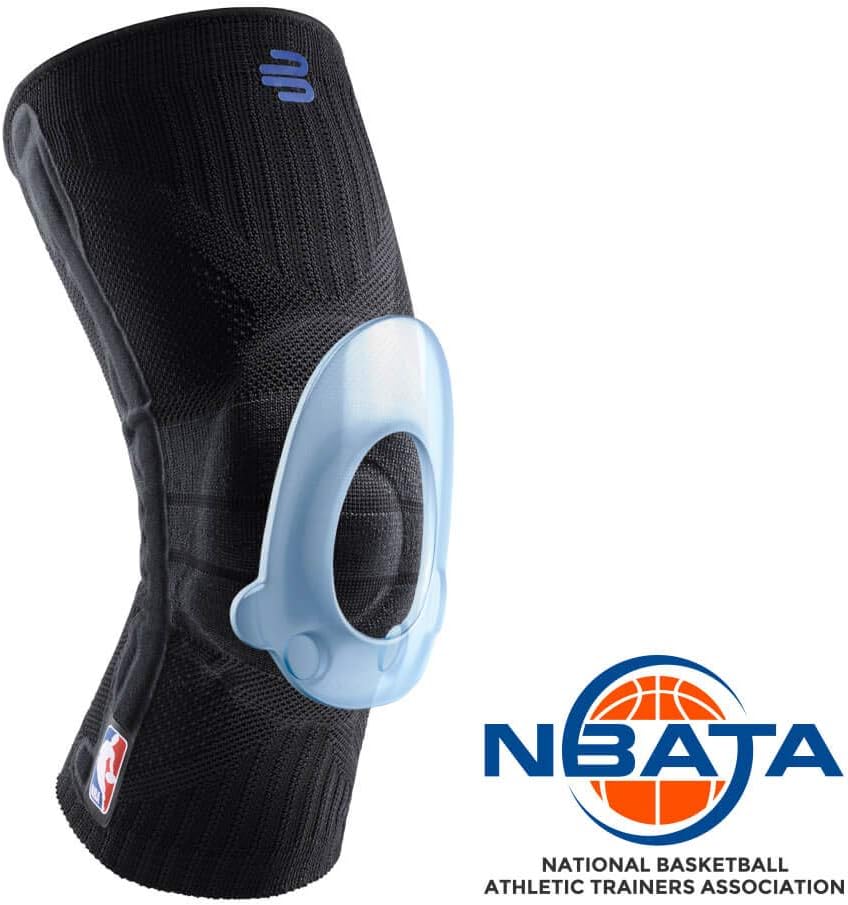 Black Bauerfeind NBA Sports knee brace with a blue logo on a white background, featuring the NBATA logo.