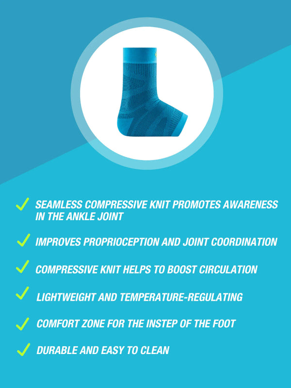 Blue Bauerfeind Sports compression ankle sleeve with features listed on a blue background