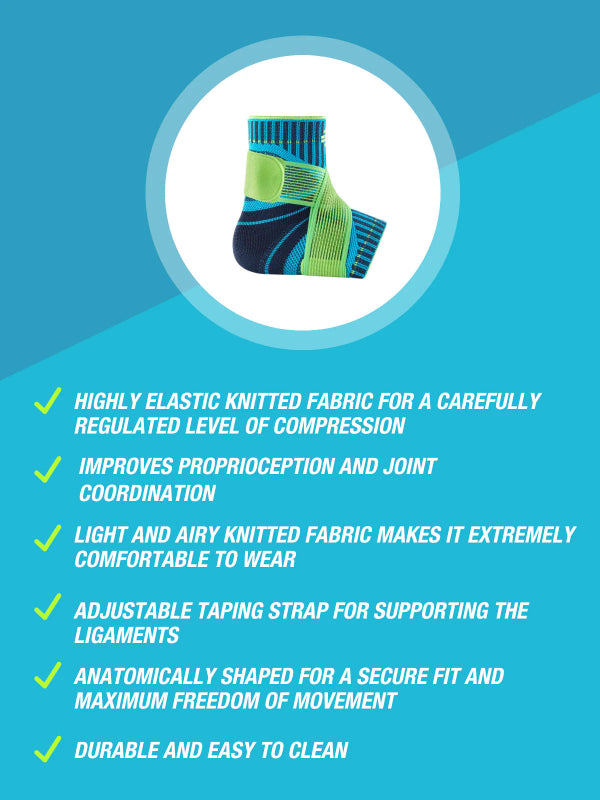 Bauerfeind Sports ankle support with features listed on a blue background