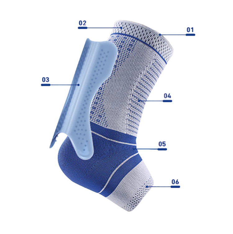 Blue and white AchilloTrain ankle support brace with labeled parts on a transparent background