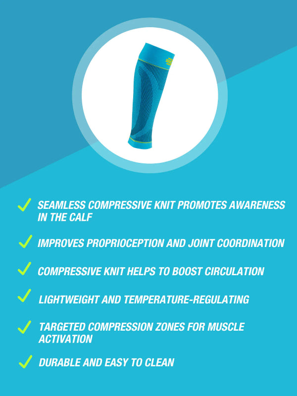 Blue Bauerfeind Sports calf compression sleeve on a blue background with product features listed.