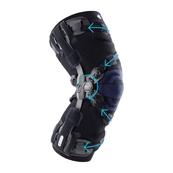 GenuTrain OA Knee brace with black and blue design on a transparent background