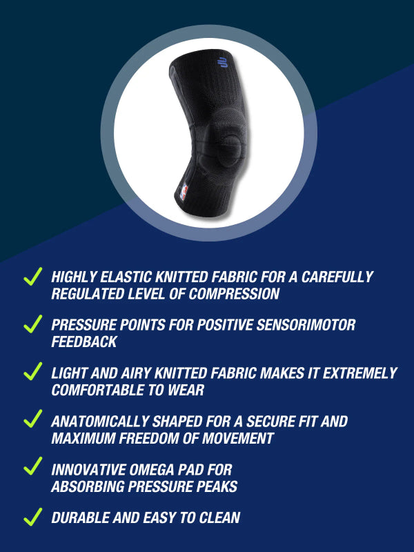 Black Bauerfeind NBA Sports knee support with features listed on a blue background