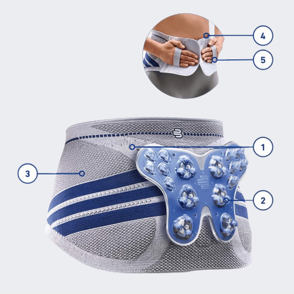 Back support belt with labeled features on a white background