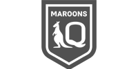 greyscale Queensland Maroons logo. It is shaped like a shield and has a kangaroo and a large capital Q on it.