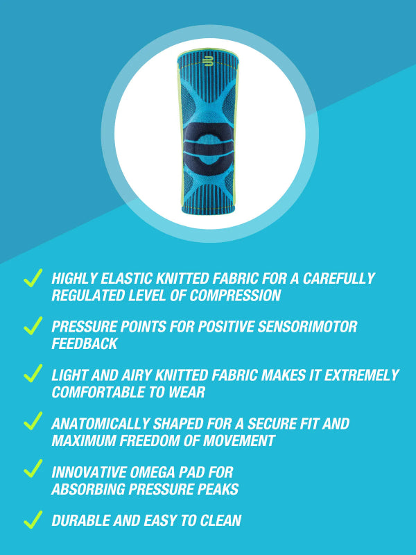 Bauerfeind Rivera Sports Knee Support with features listed on a blue background