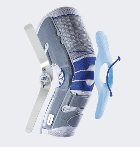 Gray and blue Bauerfeind SofTec Genu knee brace with straps on a grey background