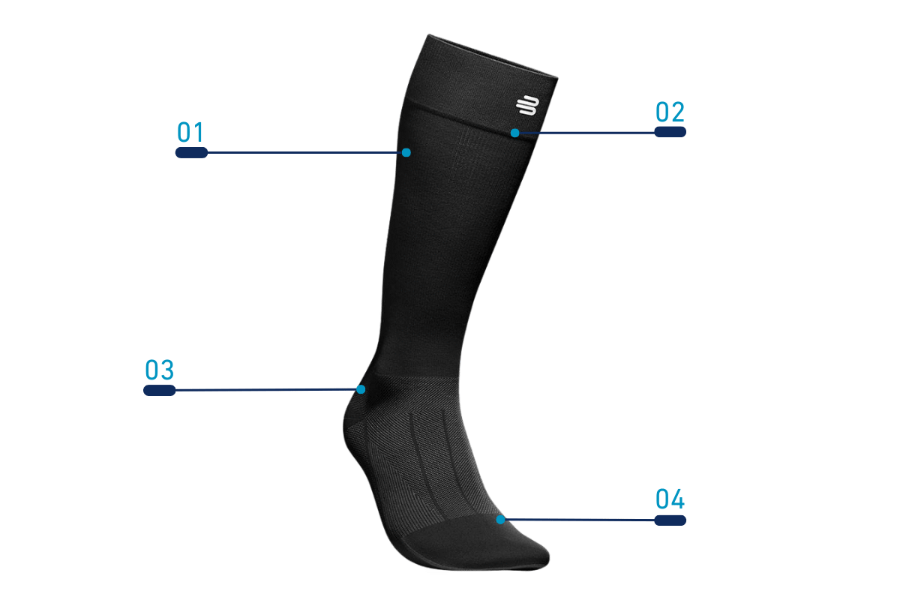 Bauerfeind black knee-high Sports Recovery sock with brand logo on a transparent background