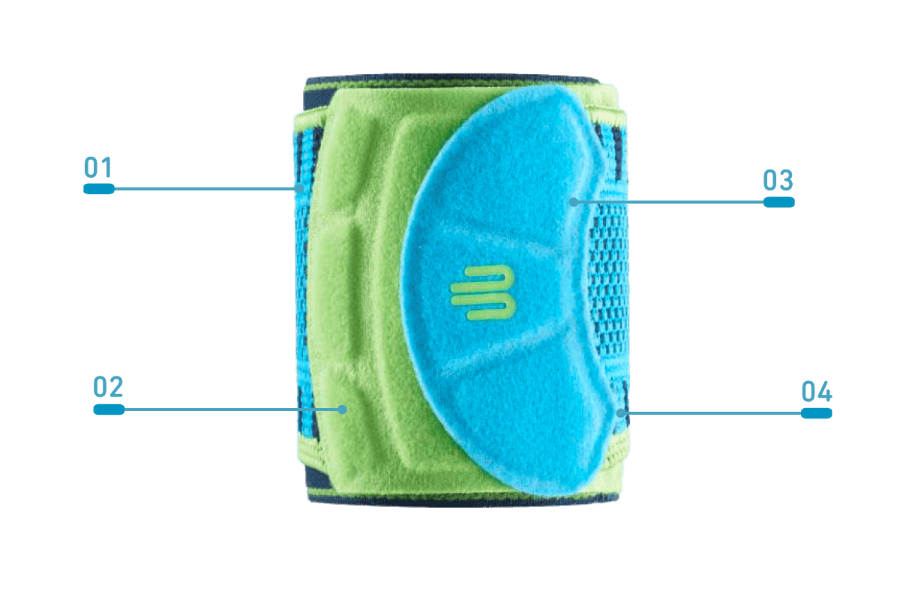 Green and blue Bauerfeind Sports Wrist strap with brand logo on a transparent background