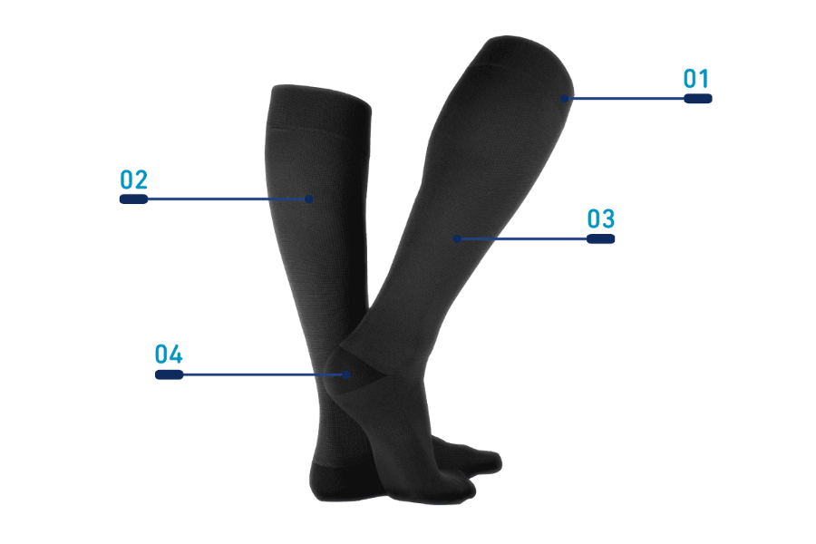 Black knee-high Bauerfeind VenoTrain compression socks with labeled measurement points on a transparent background