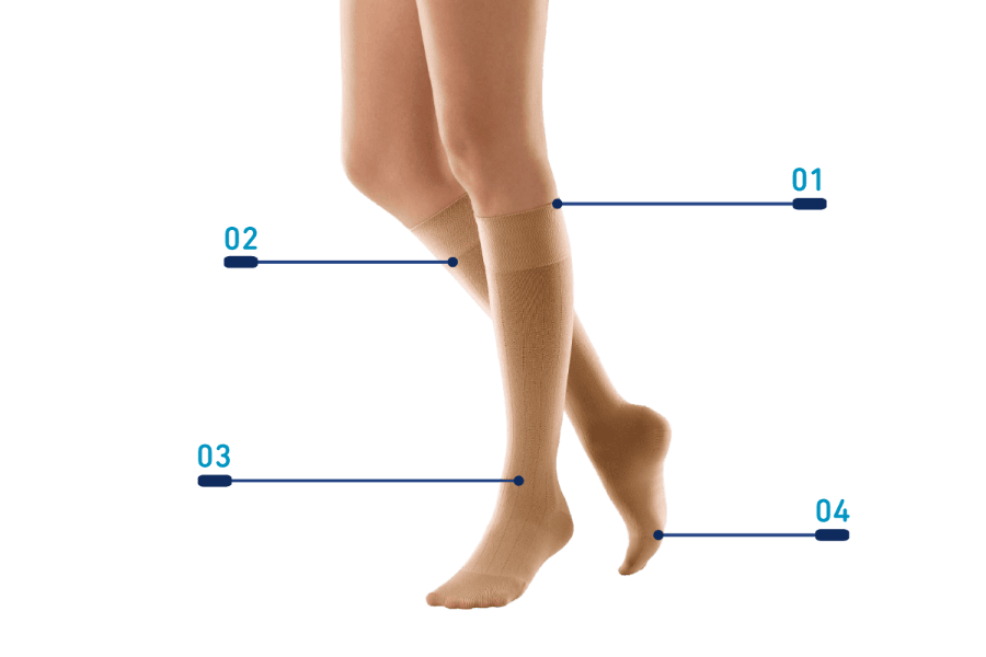Leg wearing caramel knee-high Bauerfeind VenoTrain compression socks with labeled measurement points on a transparent background