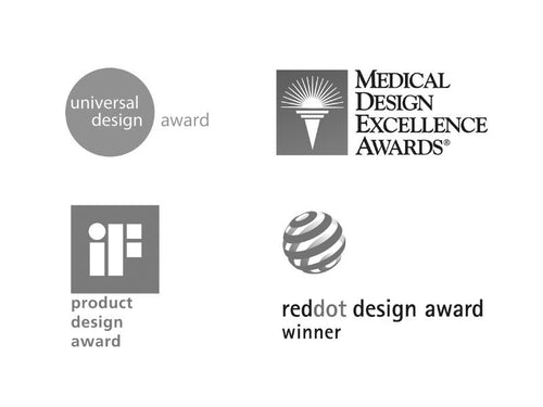 illustration of 4 awards that Bauerfeind won over the years. From top left to bottom right, they include the Universal Design Award, Medical Design Excellence Awards, Product Design Award, and Reddot Design Award.