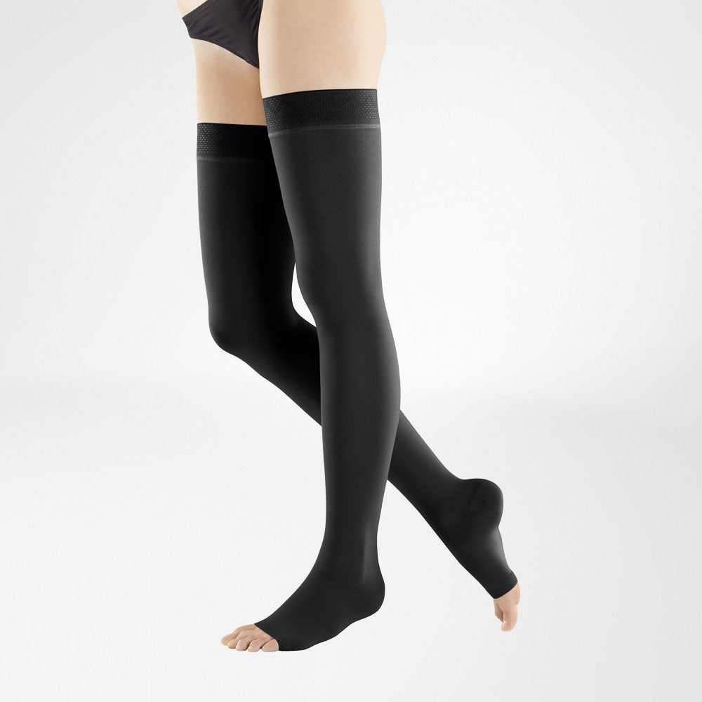 VenoTrain Micro Thigh High Compression Stockings - Black Open Toe - Bauerfeind Australia