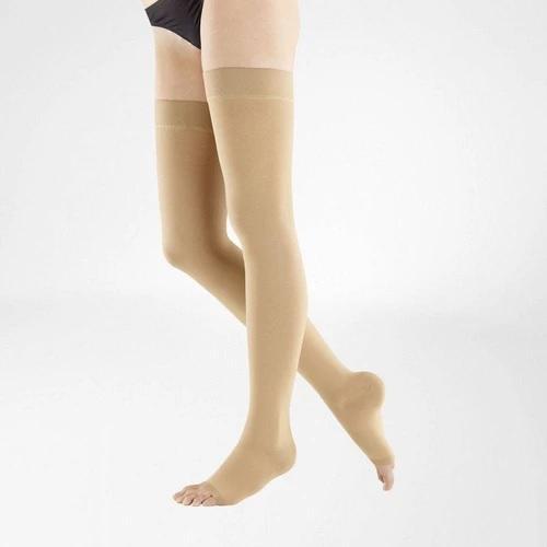 VenoTrain Micro Thigh High Compression Stockings - Caramel Open Toe - Bauerfeind Australia 